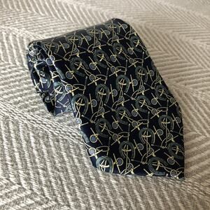 Mercedes Tie Myung Ju Silk Horse Shoes and Bit Equestrian Motif Blue Handmade